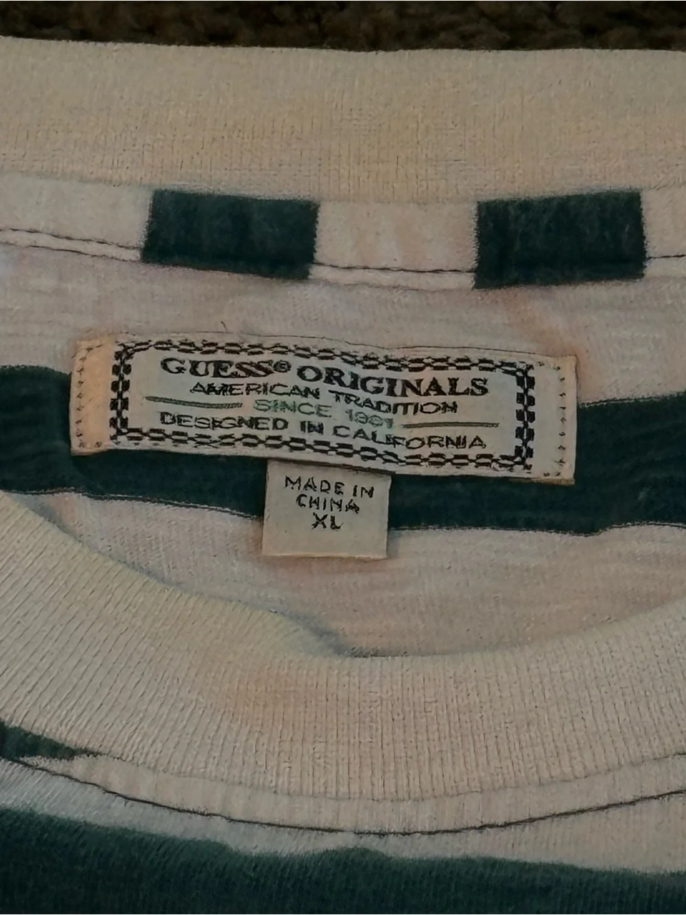 Vintage Guess Men’s Green & White Striped Short Sleeve Tee - Picture 5 of 5